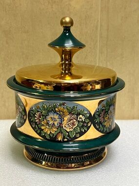 Vintage Florentine Gold Green Floral Italian Lidded bowl tray
